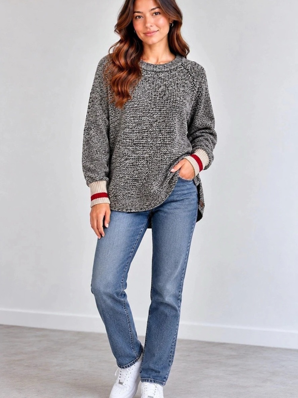 Roots Cabin Stripe Crew Neck Sweater Gray & Black Small